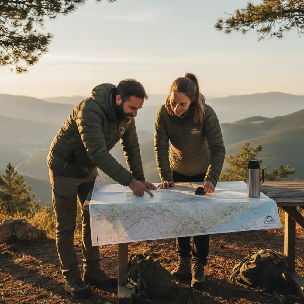 Fundadores de Cumbre Outdoor revisando un mapa topográfico