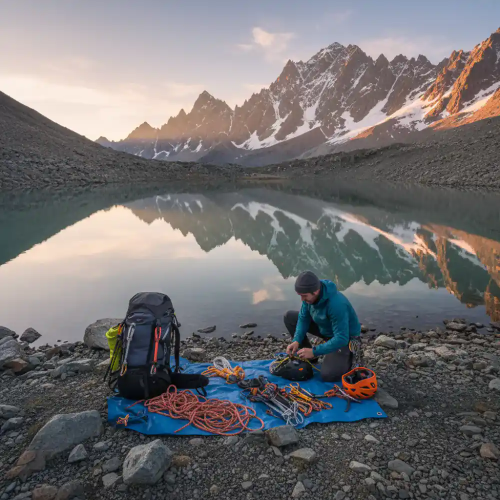 Montañero preparando el equipo junto al lago